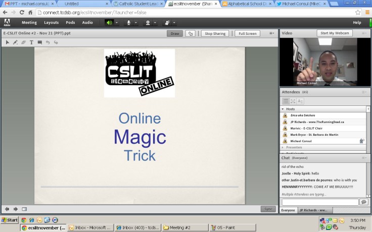 3:45 p.m. passed meaning the Minga meeting has started. Mike starts the meeting off with a magic trick!