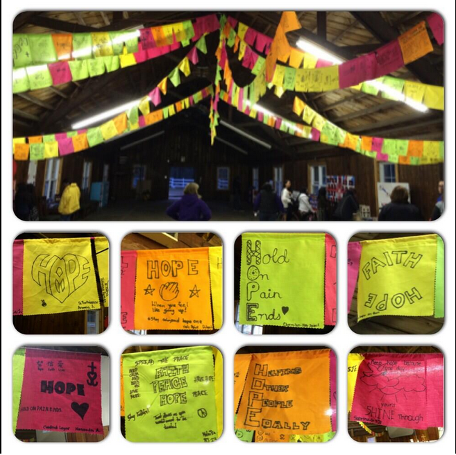Student leaders create flags of #Hope which beautifully decorate the Rec Hall for Sunday Mass 