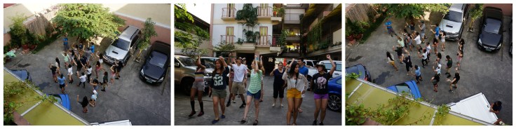 Today we are performing our dance for the first time so we rehearse in the parking lot before boarding the bus